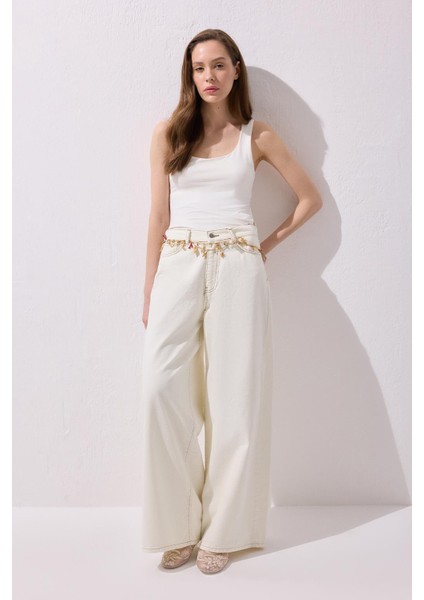 Dökümlü Bol Kot Pantolon Ekru modelleri