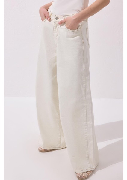 Dökümlü Bol Kot Pantolon Ekru fırsatları