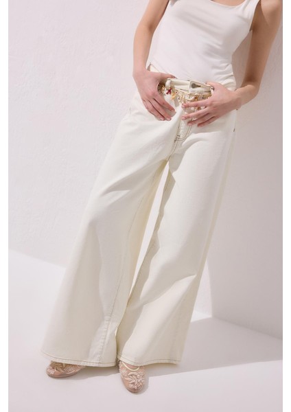 Dökümlü Bol Kot Pantolon Ekru indirimleri