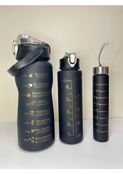 3'lü Siyah Sağlıklı Su Matara Seti, BPA İçermez, Şık ve Hafif Tasarım