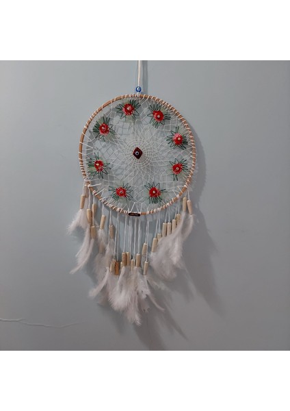 Kırmızı Çiçekli El Örgüsü Nazar Boncuklu Rüya Kapanı – Tüy ve Ahşap Boncuk Detaylı fiyatları