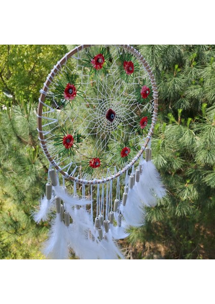 Kırmızı Çiçekli El Örgüsü Nazar Boncuklu Rüya Kapanı – Tüy ve Ahşap Boncuk Detaylı modelleri