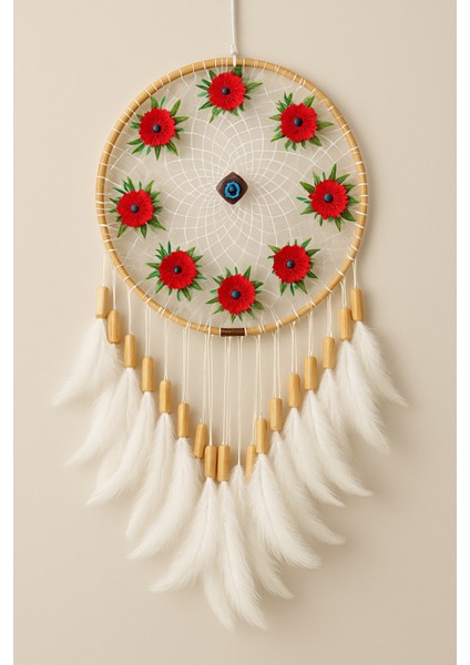 Kırmızı Çiçekli El Örgüsü Nazar Boncuklu Rüya Kapanı – Tüy ve Ahşap Boncuk Detaylı fırsatları