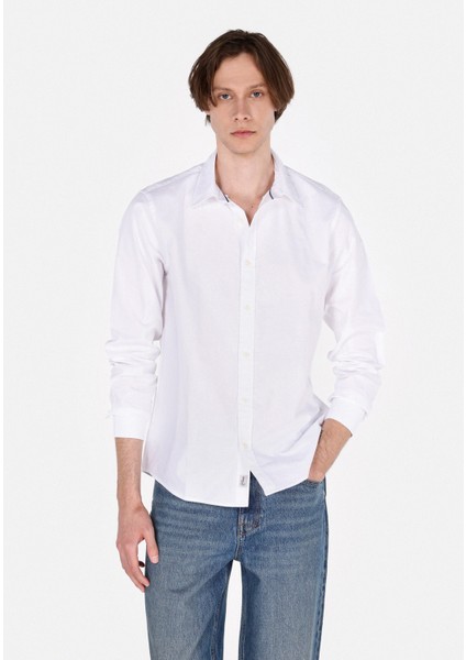 Regular Fit Shirt Neck Düz Erkek Beyaz Uzun Kol Gömlek CL1073845