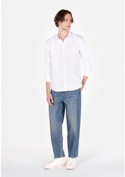 Regular Fit Shirt Neck Düz Erkek Beyaz Uzun Kol Gömlek CL1073845