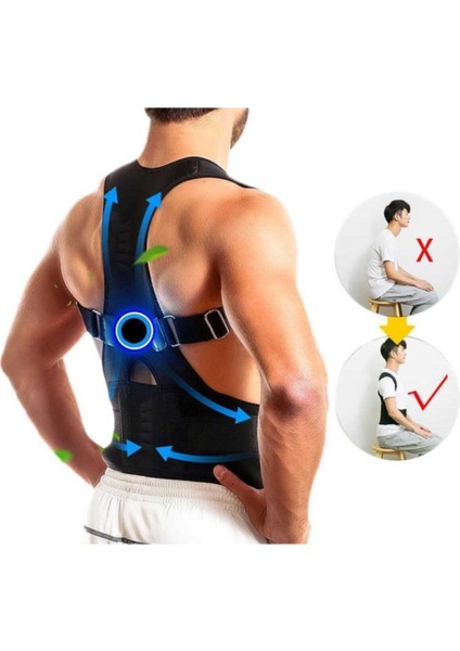 Dik duruş destekleyici sırt ve bel korsesi, manyetik omuz ve bel koruma, orta boy, siyah