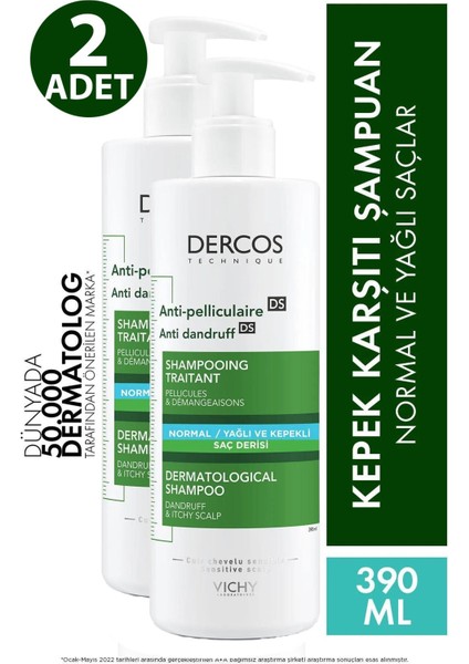 Vichy Dercos Anti-Pelliculaire Anti-Dandruff Şampuan 390 ml - Normal ve Yağlı Saçlar 2 Adet