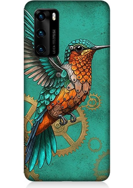 Huawei P40 Uyumlu Turkuaz Zeminde Sinek Kuşu Desenli Silikon Kılıf