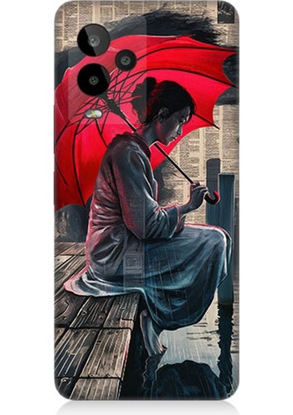 General Mobile Gm 24 Pro Uyumlu Kırmızı Şemsiyeli Kadın Yalnızlık Desenli Silikon Kılıf
