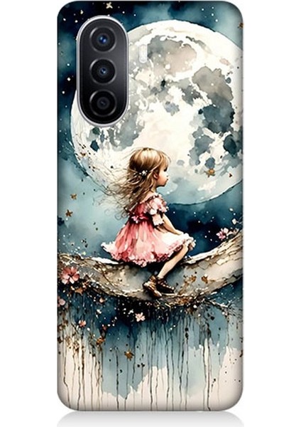 Huawei Nova Y70 Uyumlu Ay Üzerinde Hayalci Kız Desenli Silikon Kılıf