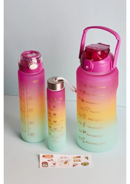 3'lü spor su matarası seti, 2L+900ml+300ml, pembe, hafif, dayanıklı, pratik kullanım