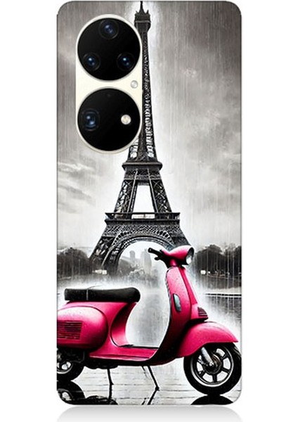 Huawei P50 Pro Uyumlu Pembe Scooter Eyfel Önü Desenli Silikon Kılıf