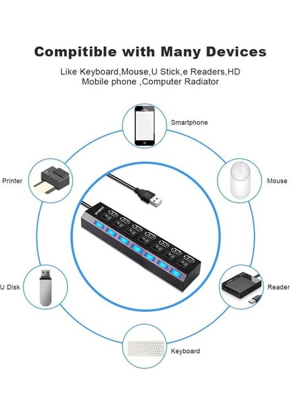 7 Port USB Çoklayıcı Çoğaltıcı Işıklı Hub USB 2.0 Switch Splitter 4874 indirimleri