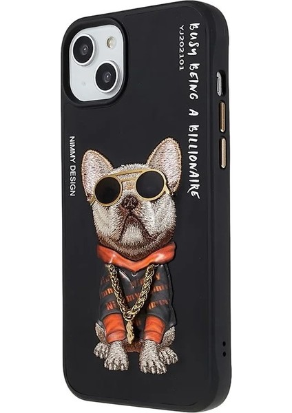 iPhone 15 Uyumlu 3D Gözlük Zincir Köpek Detaylı Nakış İşlemeli Kabartmalı Cool Glasses Kılıf