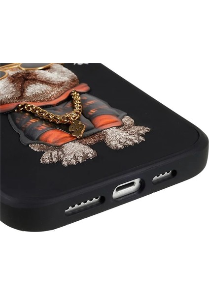 iPhone 15 Uyumlu 3D Gözlük Zincir Köpek Detaylı Nakış İşlemeli Kabartmalı Cool Glasses Kılıf fırsatları
