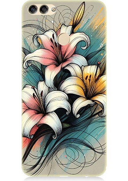 Huawei P Smart Uyumlu Yumuşak Hatlı Zambaklar Desenli Silikon Kılıf