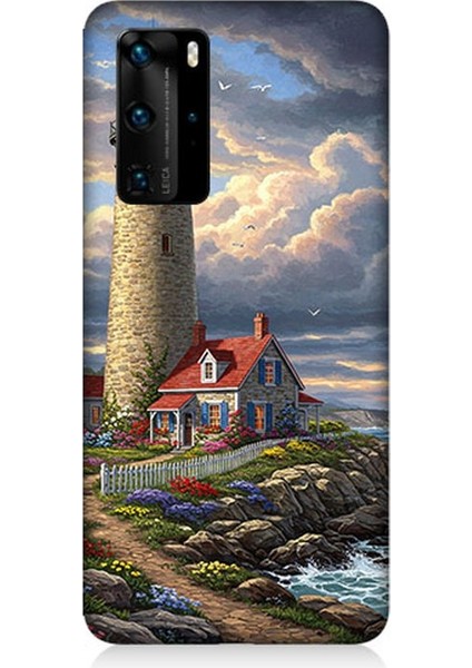 Huawei P40 Pro Uyumlu Kayalıkta Gök Altında Deniz Feneri Desenli Silikon Kılıf