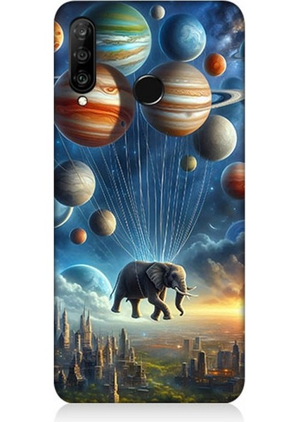 Huawei P30 Lite Uyumlu Gezegenler ve Fütüristik Filler Desenli Silikon Kılıf