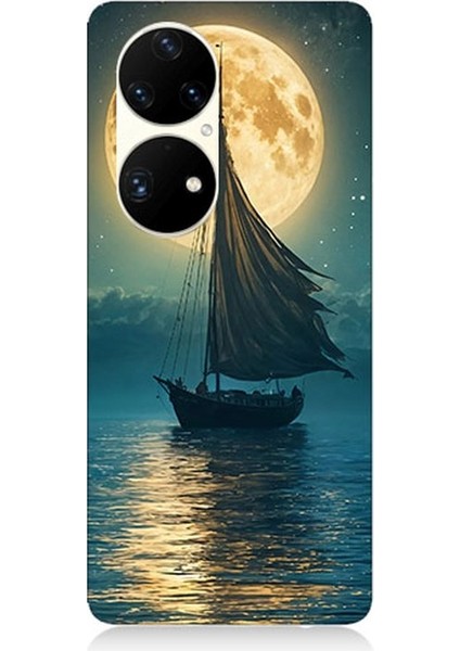 Huawei P50 Pro Uyumlu Dolunayla Sessiz Gidiş Desenli Silikon Kılıf