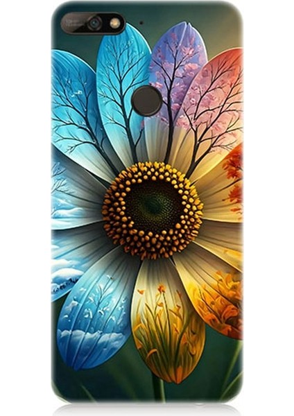 Huawei Y7 2018 Uyumlu Yaprakta Gökkuşağı Çiçek Desenli Silikon Kılıf