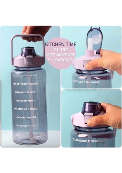 Şeffaf 2000 ml motivasyon matara, sağlıklı ve şık mor su şişesi