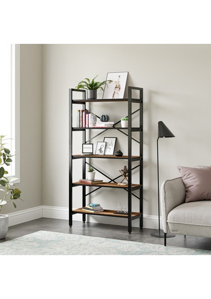 5 Raflı Metal Kitaplık - Sacramento Meşe - 180x34x90 cm