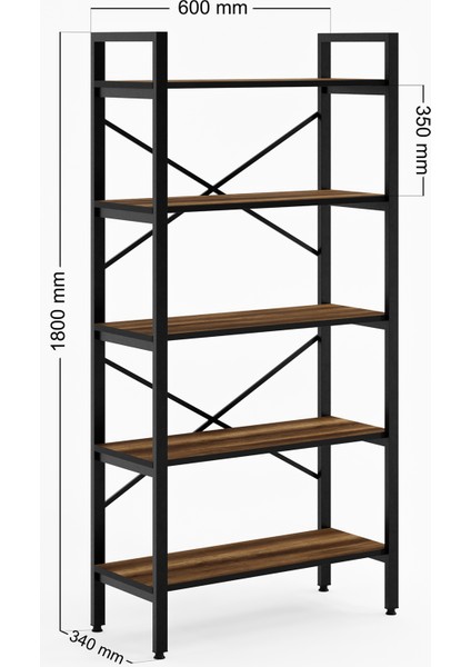 5 Raflı Metal Kitaplık - Sacramento Meşe - 180x34x90 cm