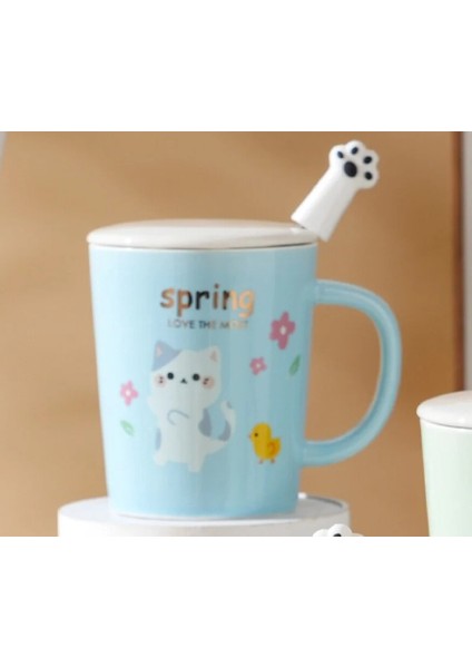 Porselen Kupa Çiçek Sever Kedi Spring Love The Most Kapaklı Kaşıklı 1 Adet