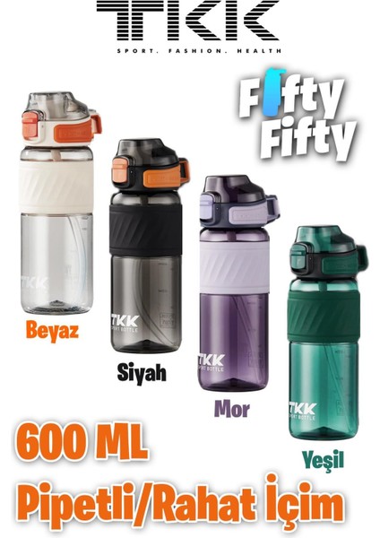 600 ml çift kullanım pipetli, taşımalı, BPA içermeyen şeffaf su matarası