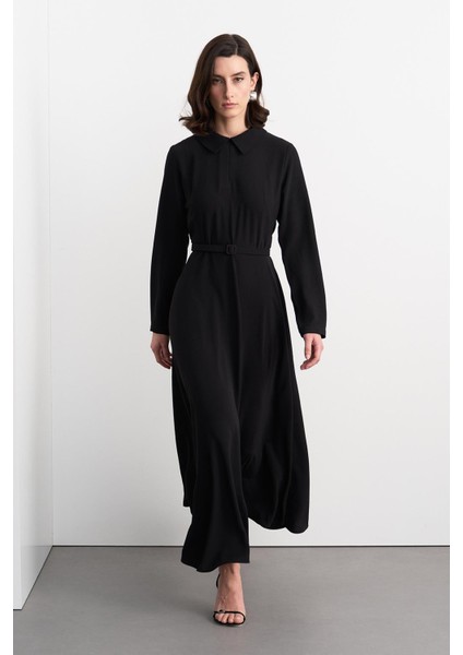 Kemerli Çan Uzun Elbise Siyah