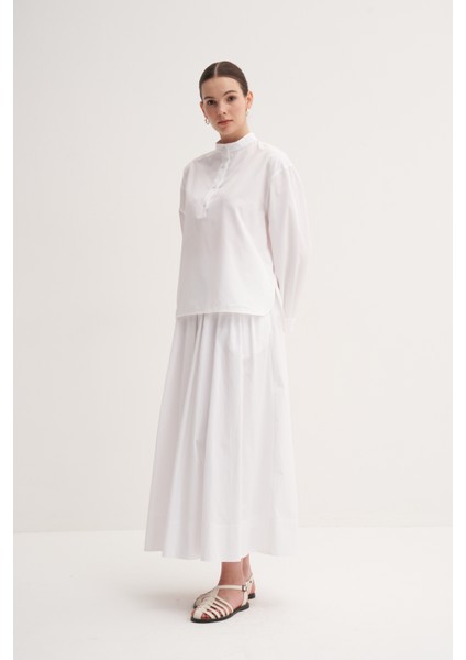 Beyaz %100 Pamuk Yüksek Bel Yandan Fermuarlı Pileli Uzun Etek
