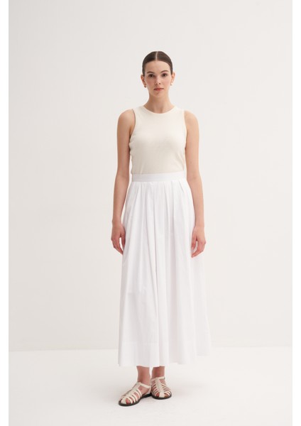 Beyaz %100 Pamuk Yüksek Bel Yandan Fermuarlı Pileli Uzun Etek fiyatları