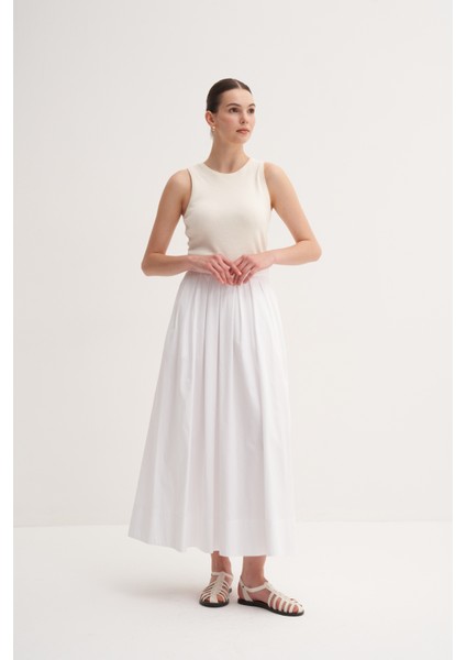 Beyaz %100 Pamuk Yüksek Bel Yandan Fermuarlı Pileli Uzun Etek modelleri