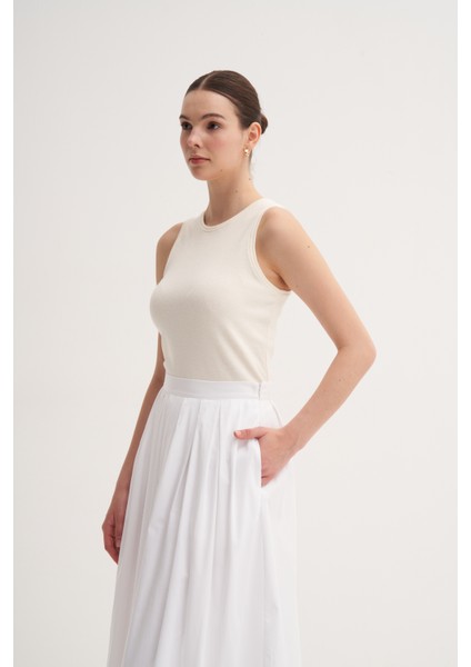 Beyaz %100 Pamuk Yüksek Bel Yandan Fermuarlı Pileli Uzun Etek fırsatları