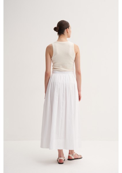 Beyaz %100 Pamuk Yüksek Bel Yandan Fermuarlı Pileli Uzun Etek