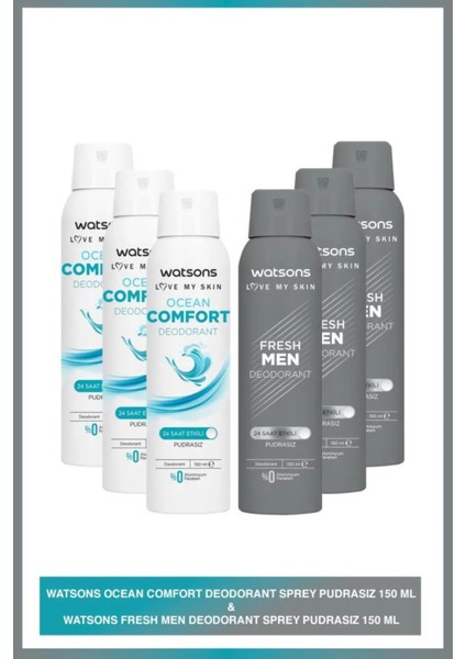 Ocean Comfort Pudrasız Deodorant Sprey 150 ml 3 + Fresh Men Pudrasız Deodorant Sprey 150 ml x 3