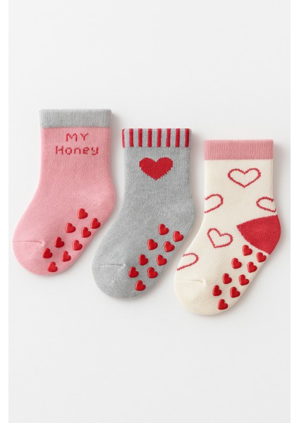 Kız Bebek Kalpli 3'lü Havlu Soket Çorap