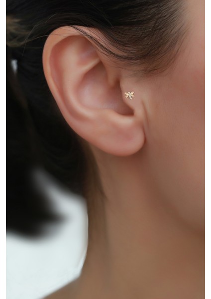 14 Ayar Altın Taşlı Kelebek Tragus Piercing
