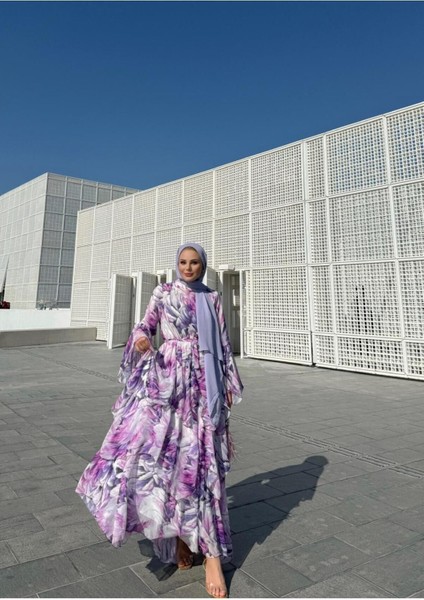 Pera Desenli Şifon Elbise – Lila
