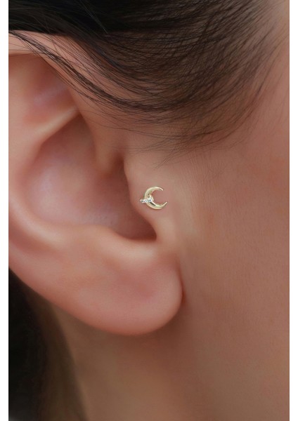 14 Ayar Altın Taşlı Hilal Tragus Piercing