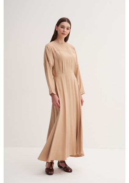 Camel Dikiş Detaylı Beli Lastikli Kemerli Yazlık Uzun Elbise modelleri