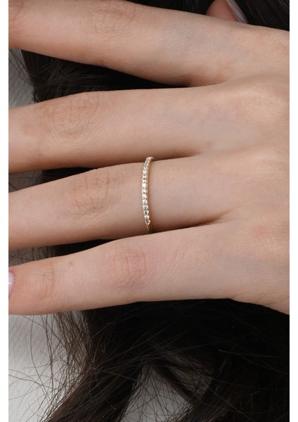 Gümüş Altın Yaldızlı Yarım Tur Zirkon Taşlı Thin Yüzük