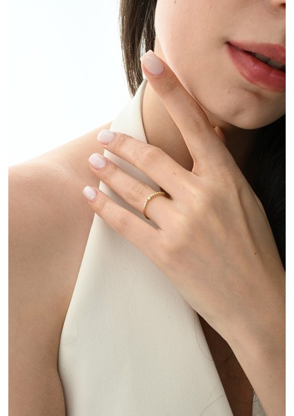 Gümüş Altın Yaldızlı Zirkon Tek Taşlı Topçuklu Vera Yüzük