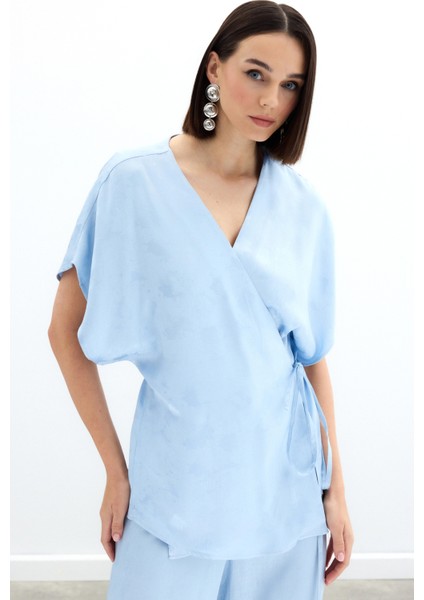 Bağlamalı Jakarlı Saten Bluz - Bebe Mavi fırsatları