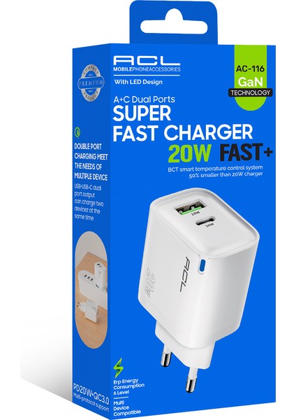 AC-116 20W Gan Teknolojili Çift USB + Type-C Süper Hızlı Şarj Adaptörü | PD20W + Qc3.0 Destekli | Akıllı Isı Kontrolü | LED Işıklı Tasarım