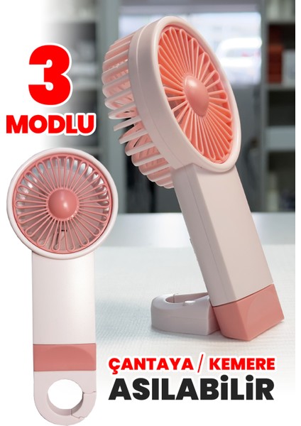 Şarjlı Mini El Fanı Standlı Çantaya Kemere Asılabilir, 3 Modlu Güçlü Serinletici Vantilatör Pervane