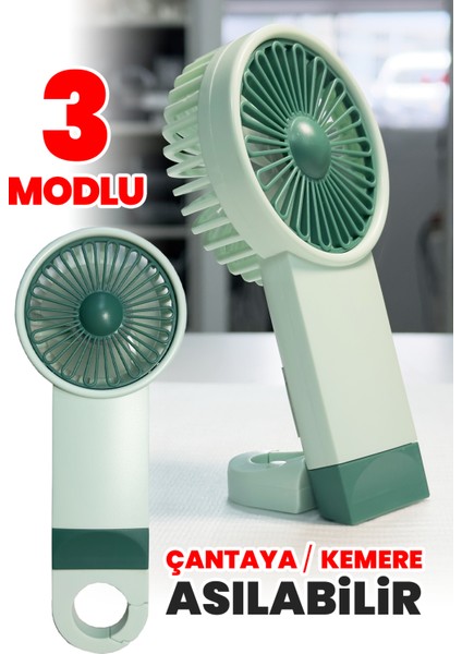 Şarjlı Mini El Fanı Standlı Çantaya Kemere Asılabilir, 3 Modlu Güçlü Serinletici Vantilatör Pervane