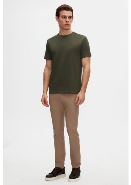 Slim Fit Haki Bisiklet Yaka %100 Pamuklu Nefes Alabilen T-shirt 4HC141996753M
