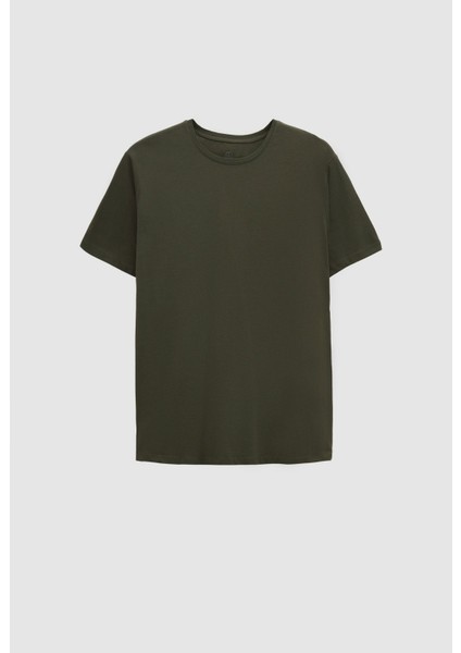 Slim Fit Haki Bisiklet Yaka %100 Pamuklu Nefes Alabilen T-shirt 4HC141996753M