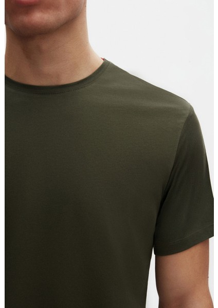 Slim Fit Haki Bisiklet Yaka %100 Pamuklu Nefes Alabilen T-shirt 4HC141996753M